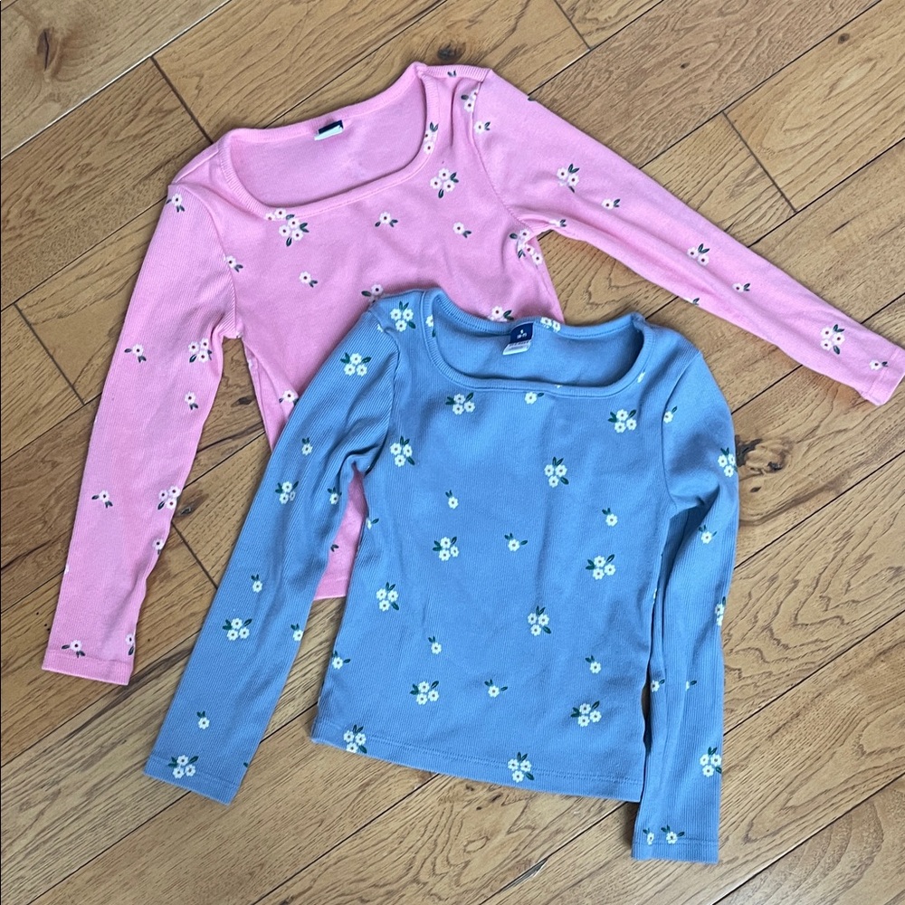 Old Navy Kids Long Sleeve Floral Tees - Pink and Blue size 6-7
